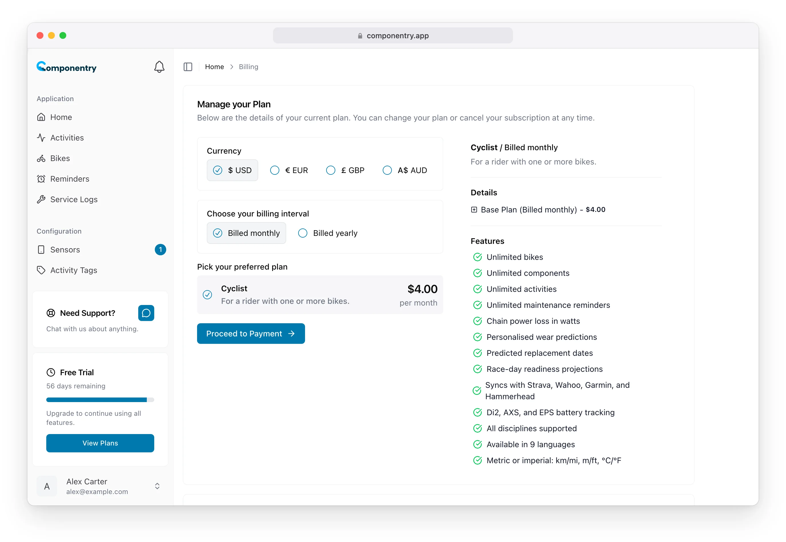 Billing page with the currency, billing interval and plan choices, and the Earn Free Months card