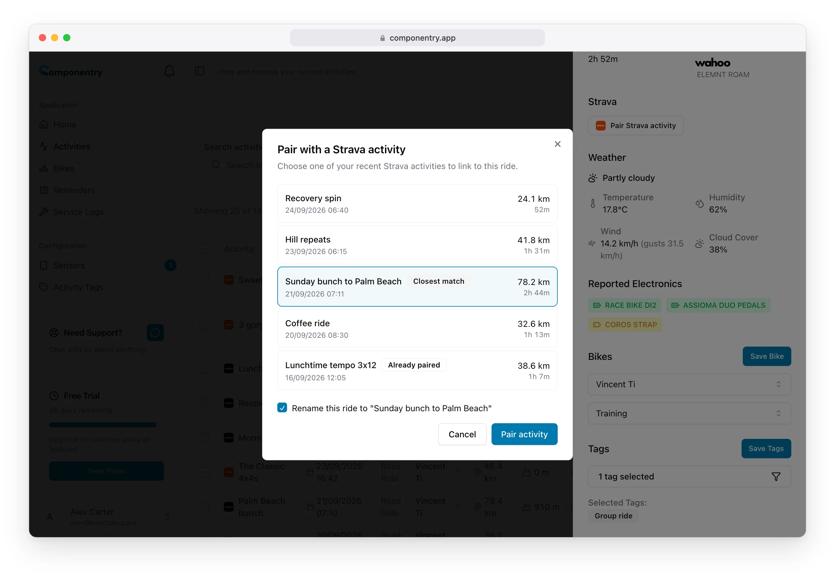 Pair with a Strava activity dialog with the closest match selected and the option to rename the ride to its Strava title ticked