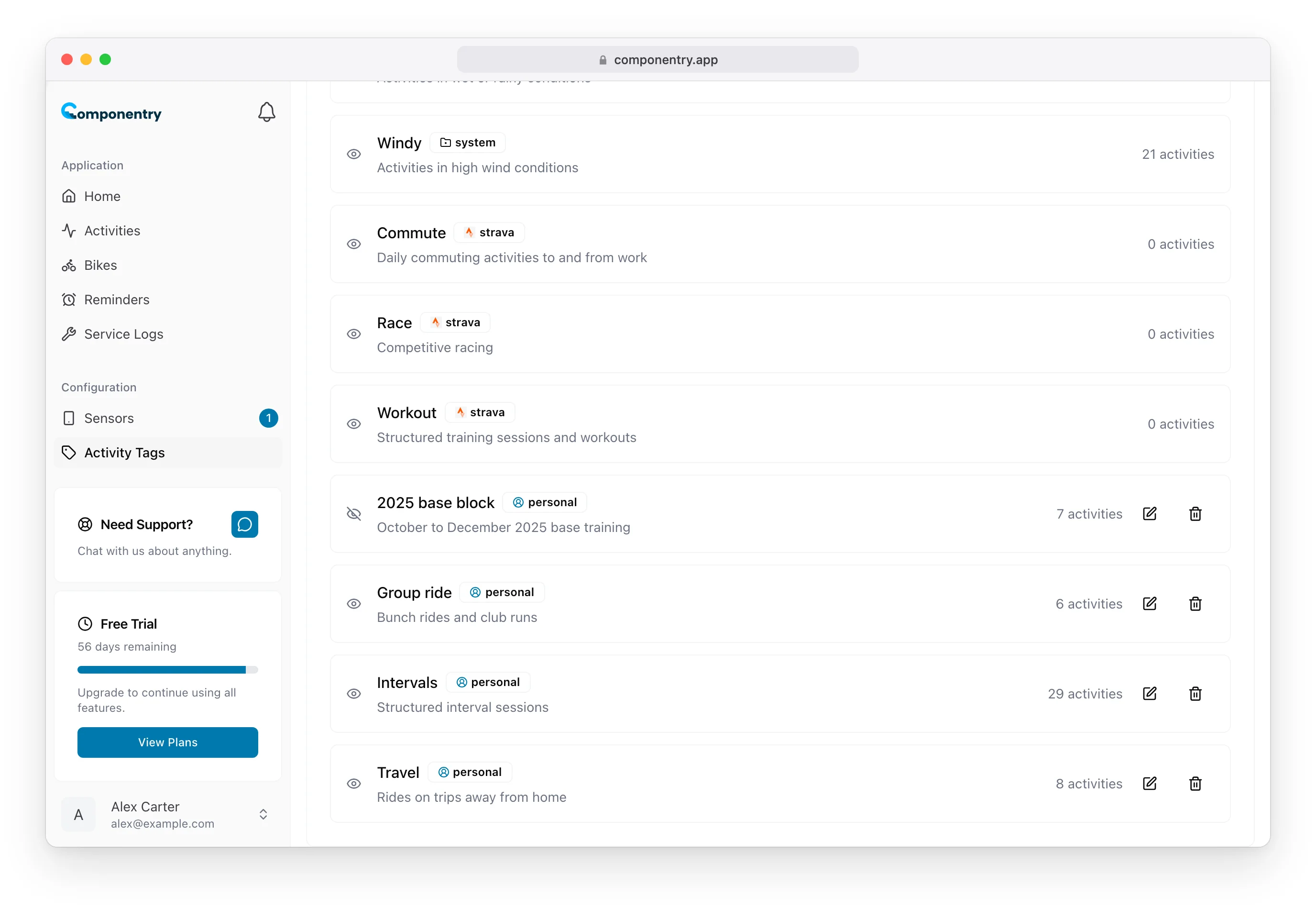 Activity Tags page where 2025 base block shows a crossed-out eye and the other personal tags an open eye