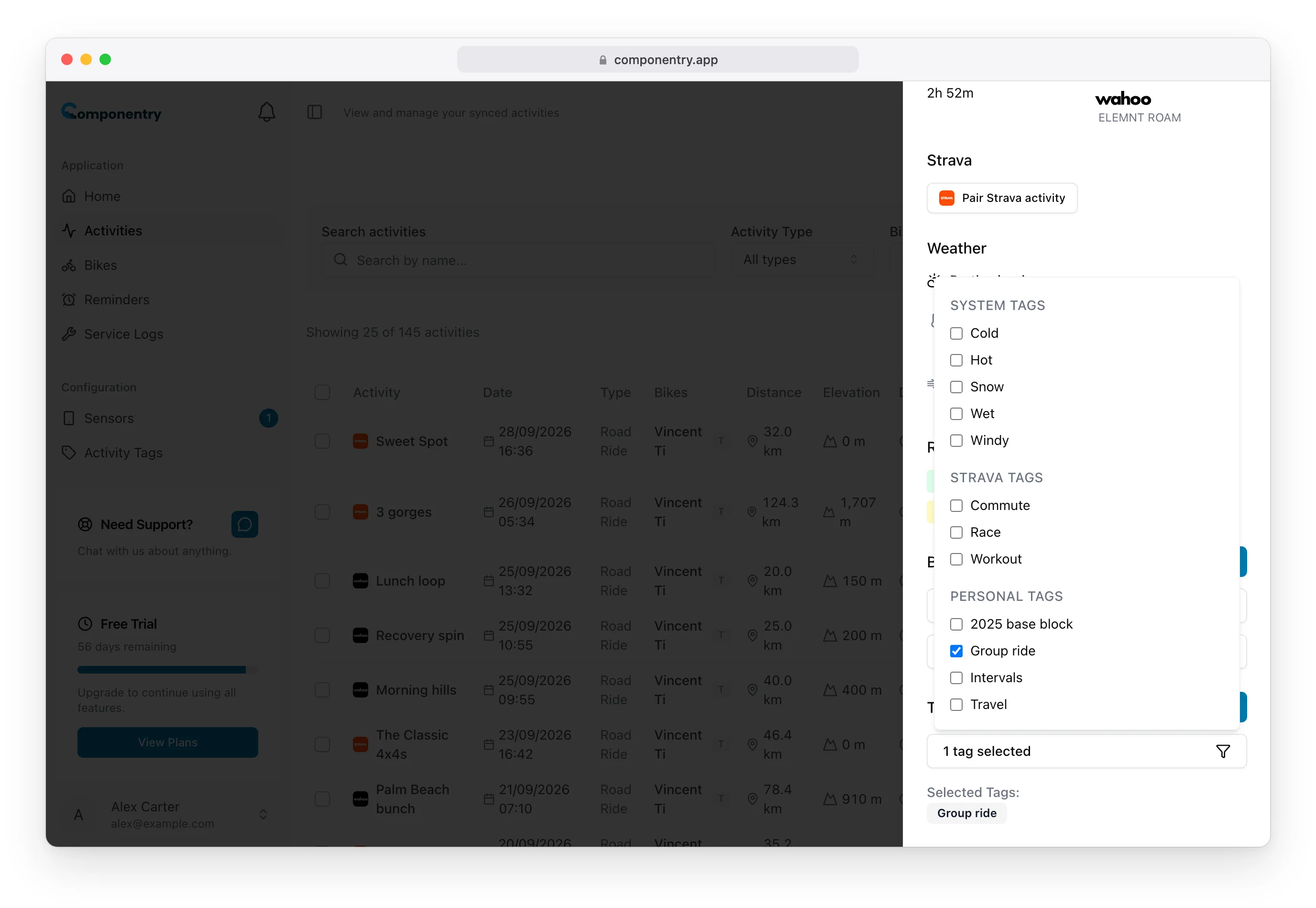 Tag list open in the activity details panel with Group ride ticked under Personal Tags