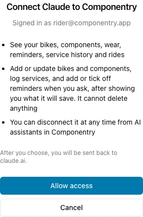 The Componentry consent screen, showing what Claude will be able to do and the Allow access button