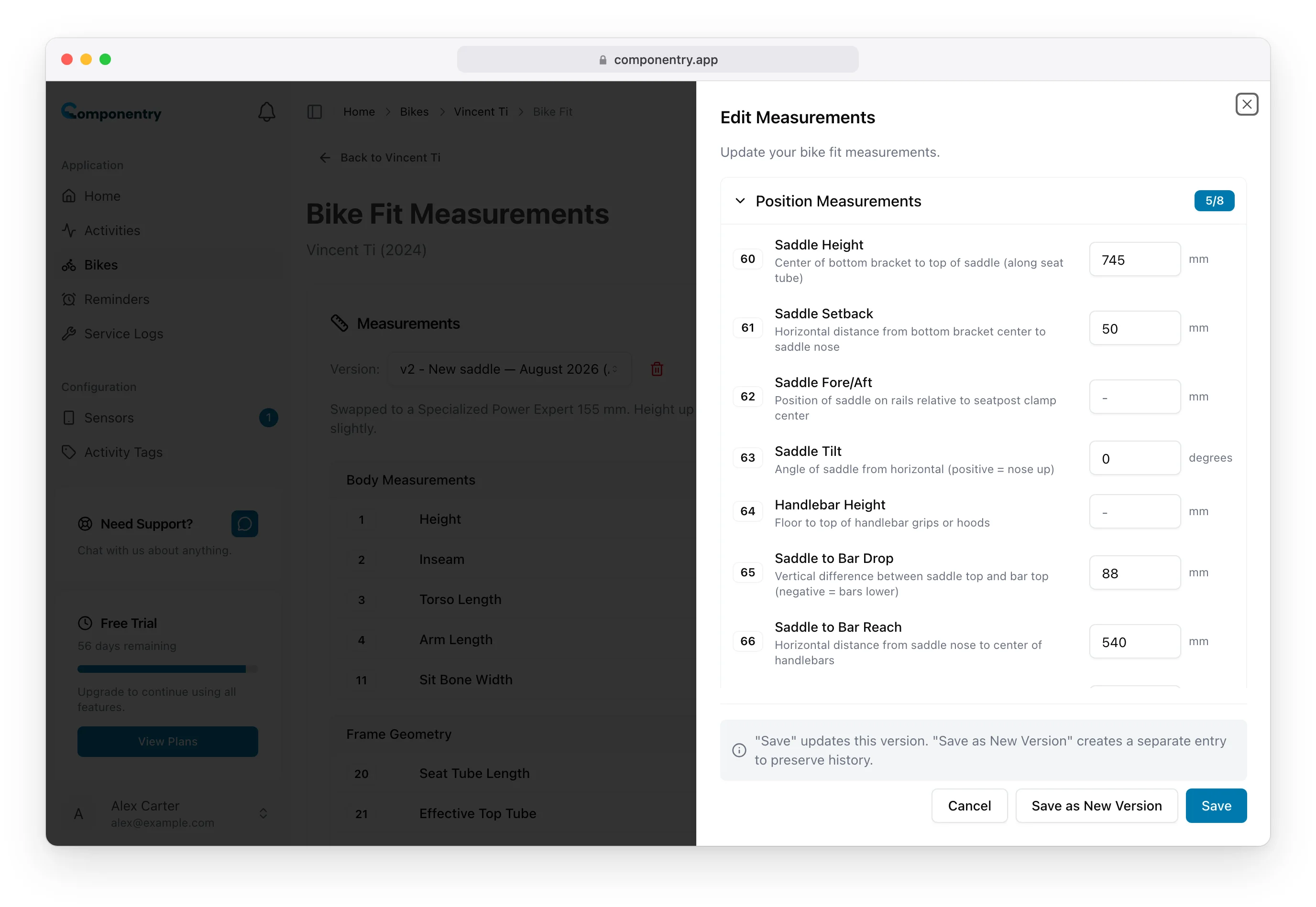Edit Measurements sheet on the Position Measurements category, with the Save and Save as New Version buttons
