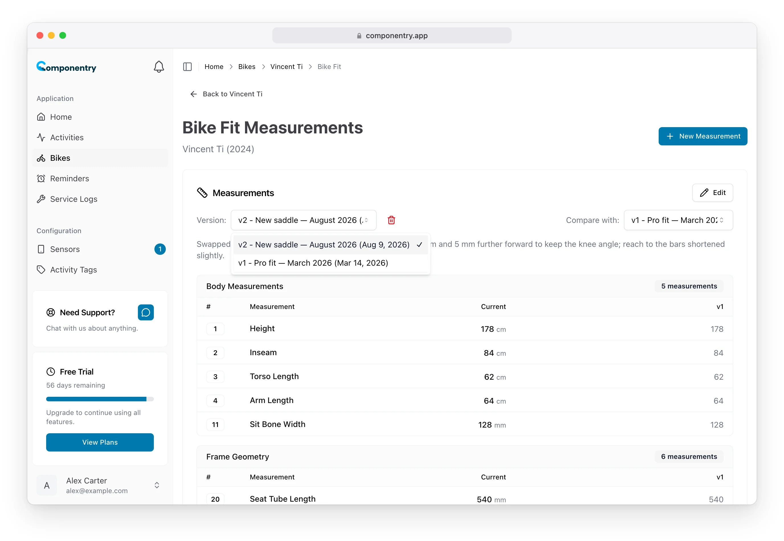 Version menu listing v2 New saddle, August 2026 and v1 Pro fit, March 2026