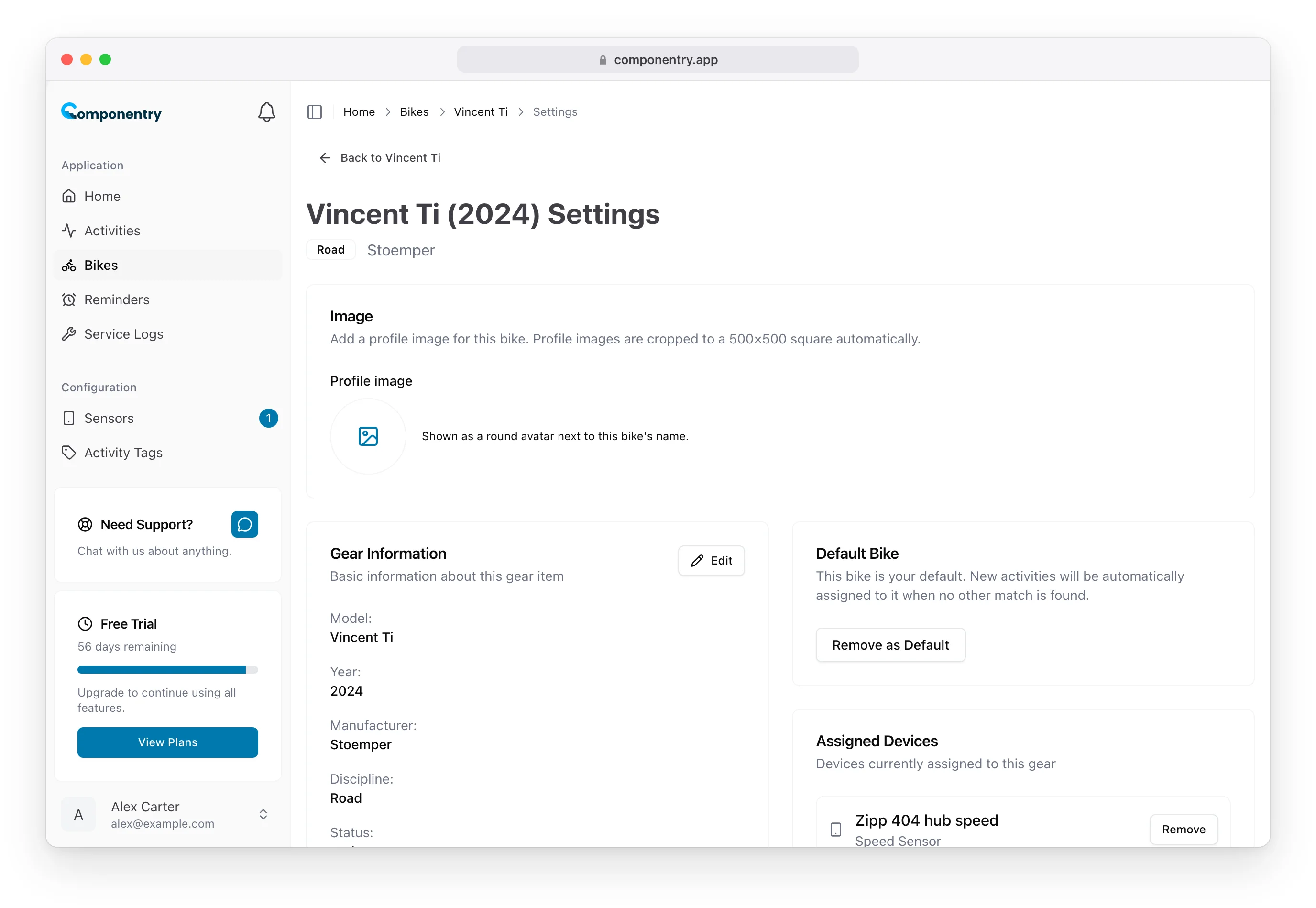Settings page for Vincent Ti with the Image, Bike information and Default bike cards
