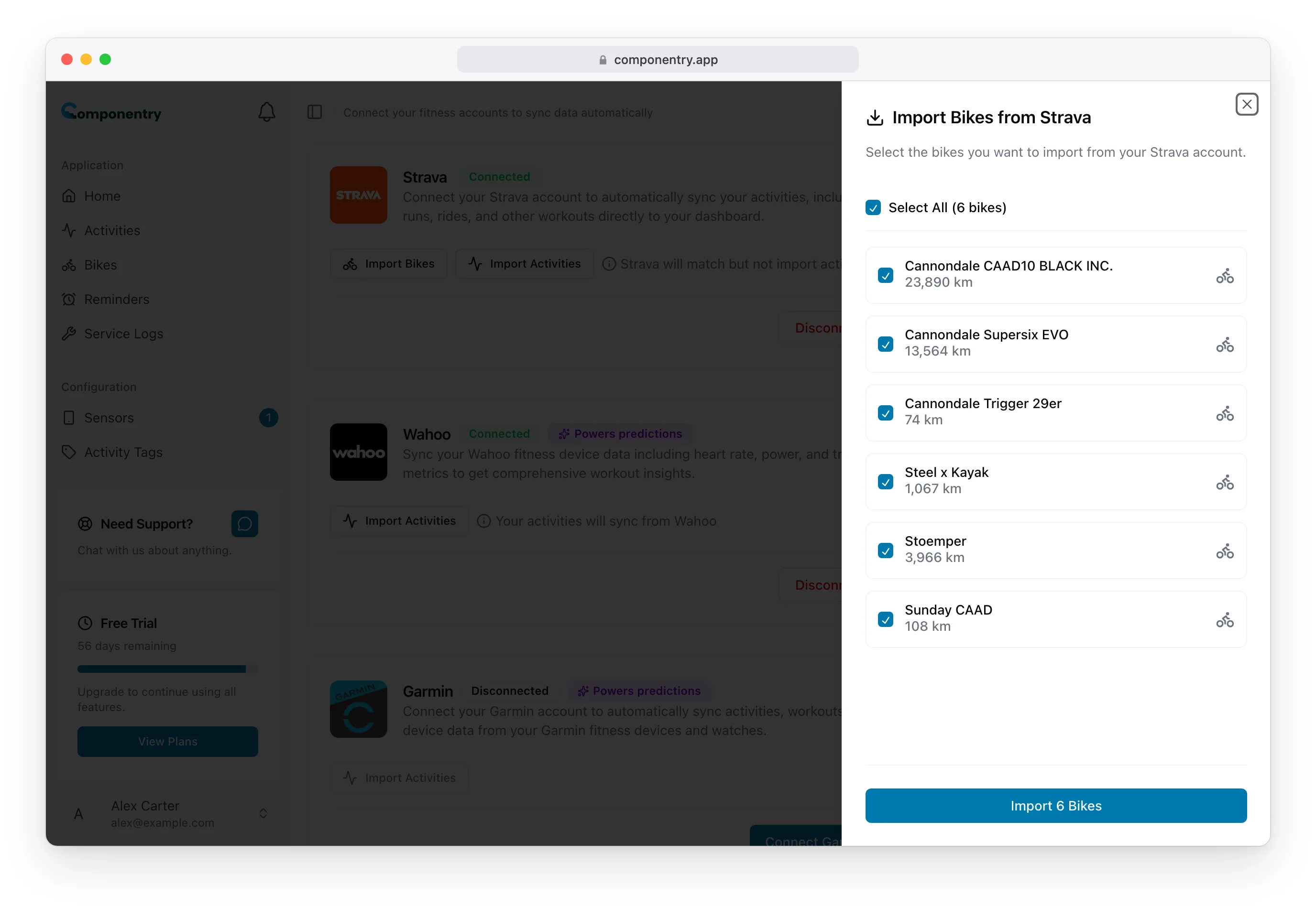 Import Bikes from Strava sheet listing six Strava bikes, all selected