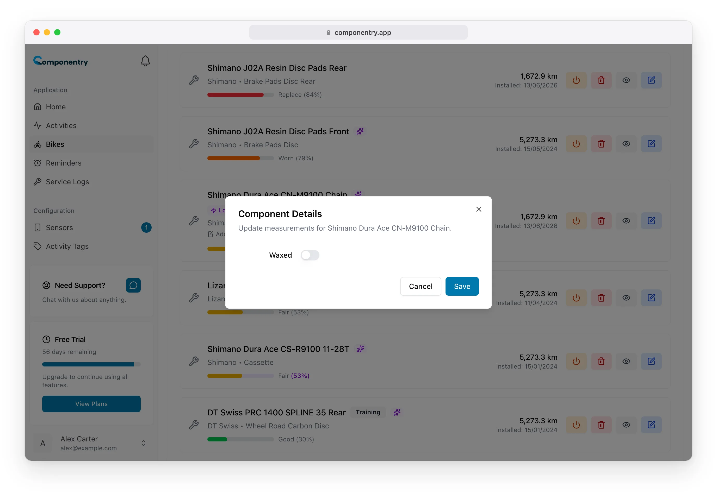 Component Details dialog for a chain with the Waxed switch