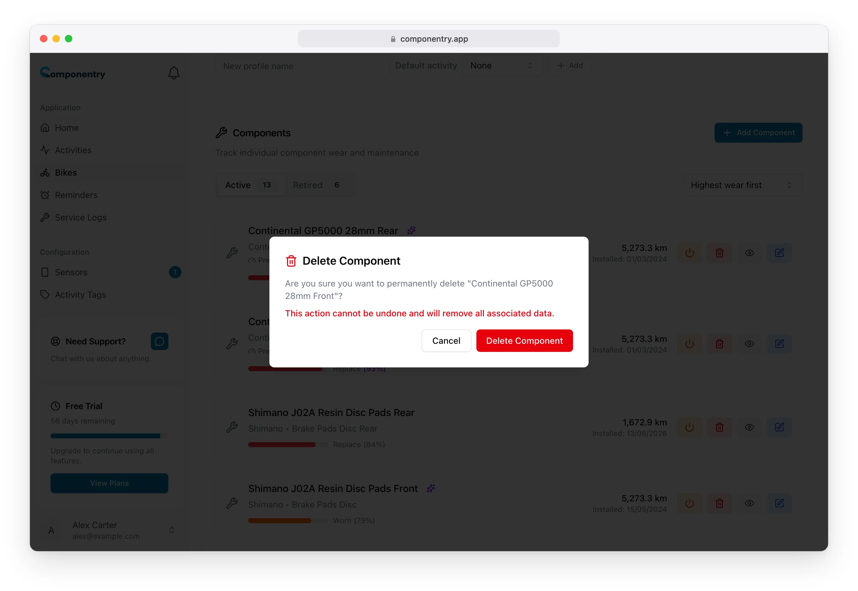 Delete Component confirmation warning that the action cannot be undone