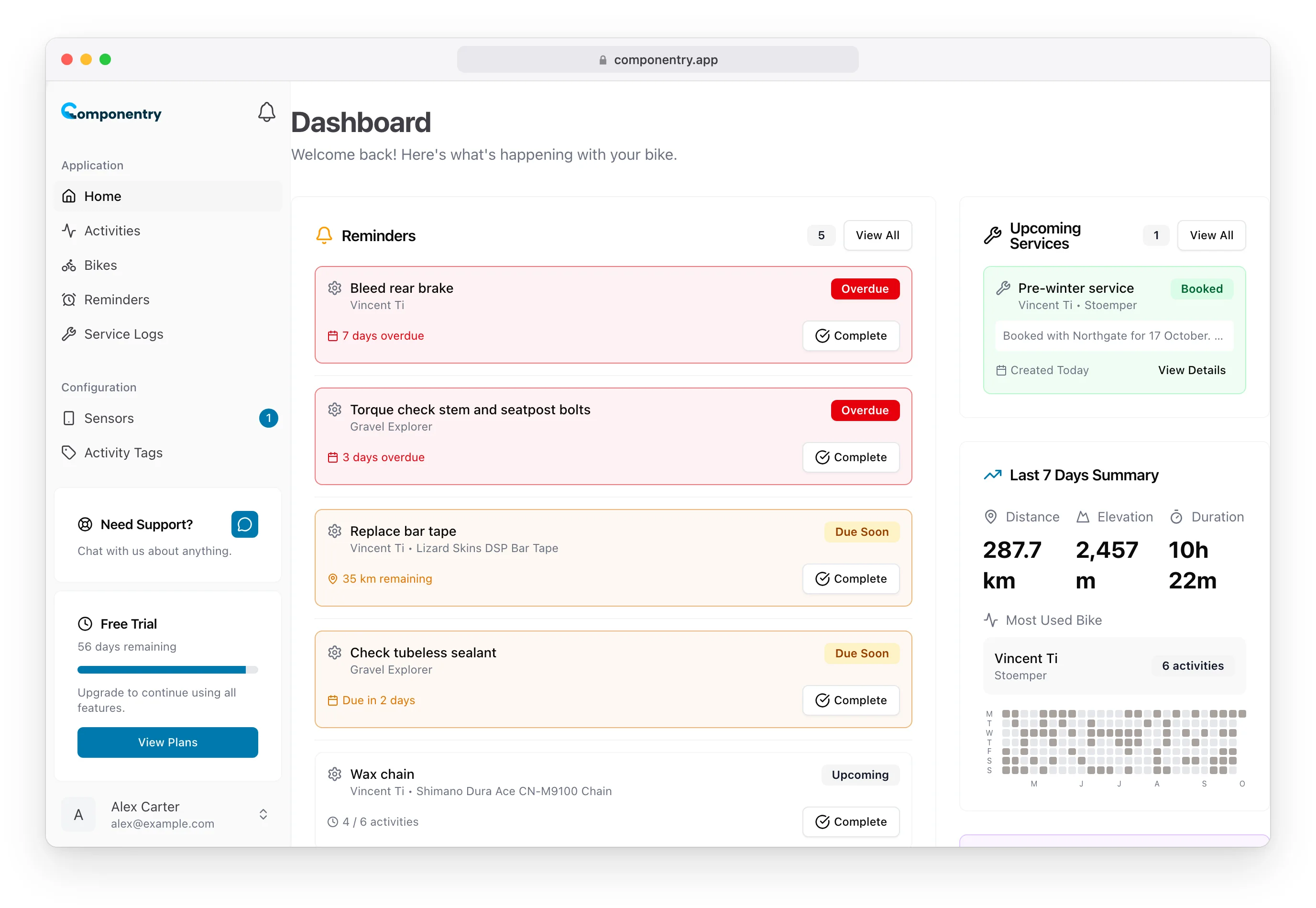 Componentry dashboard with reminders, upcoming services and the last seven days summary