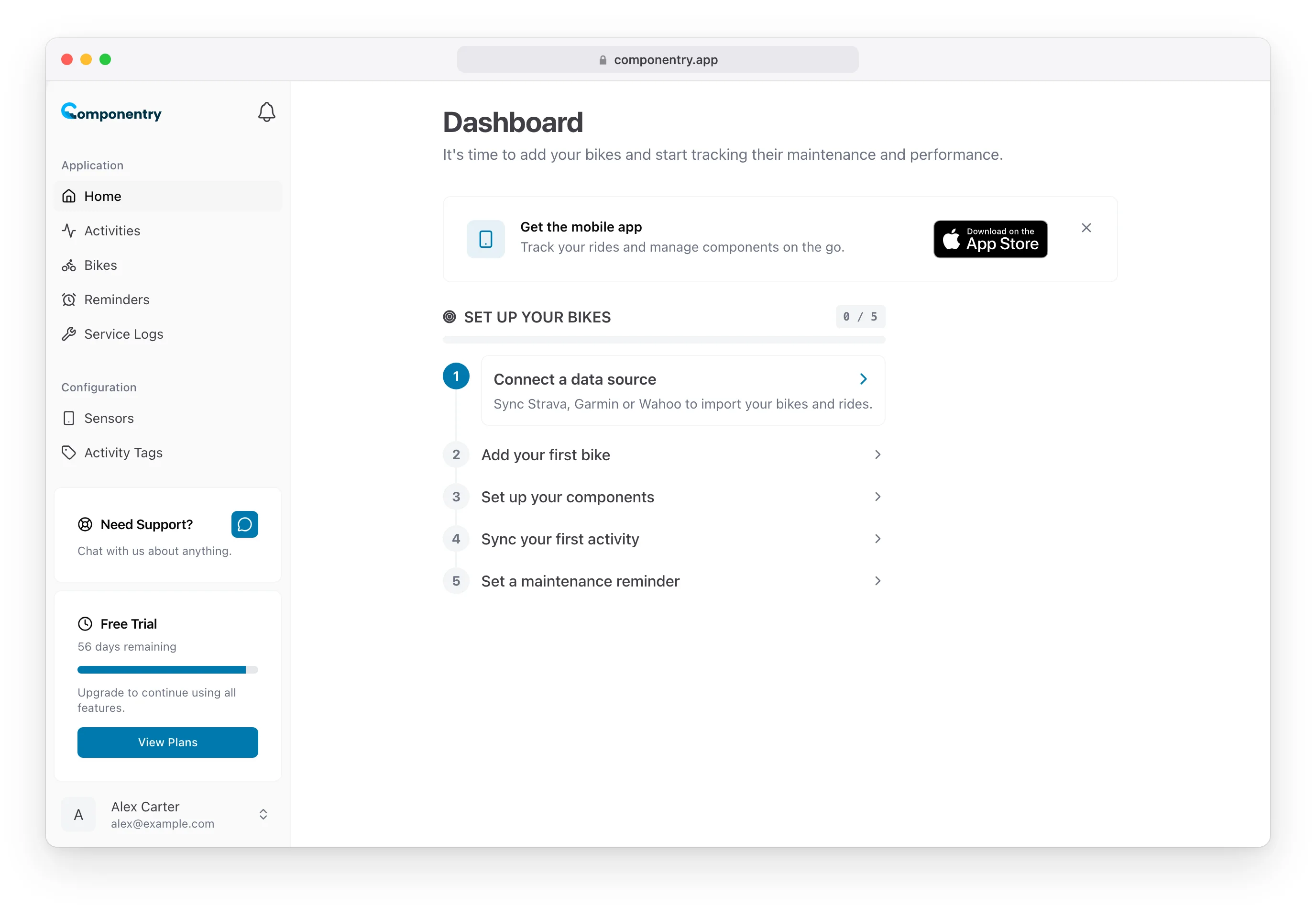 Set up your bikes checklist on a new account's dashboard, with Connect a data source as the next step