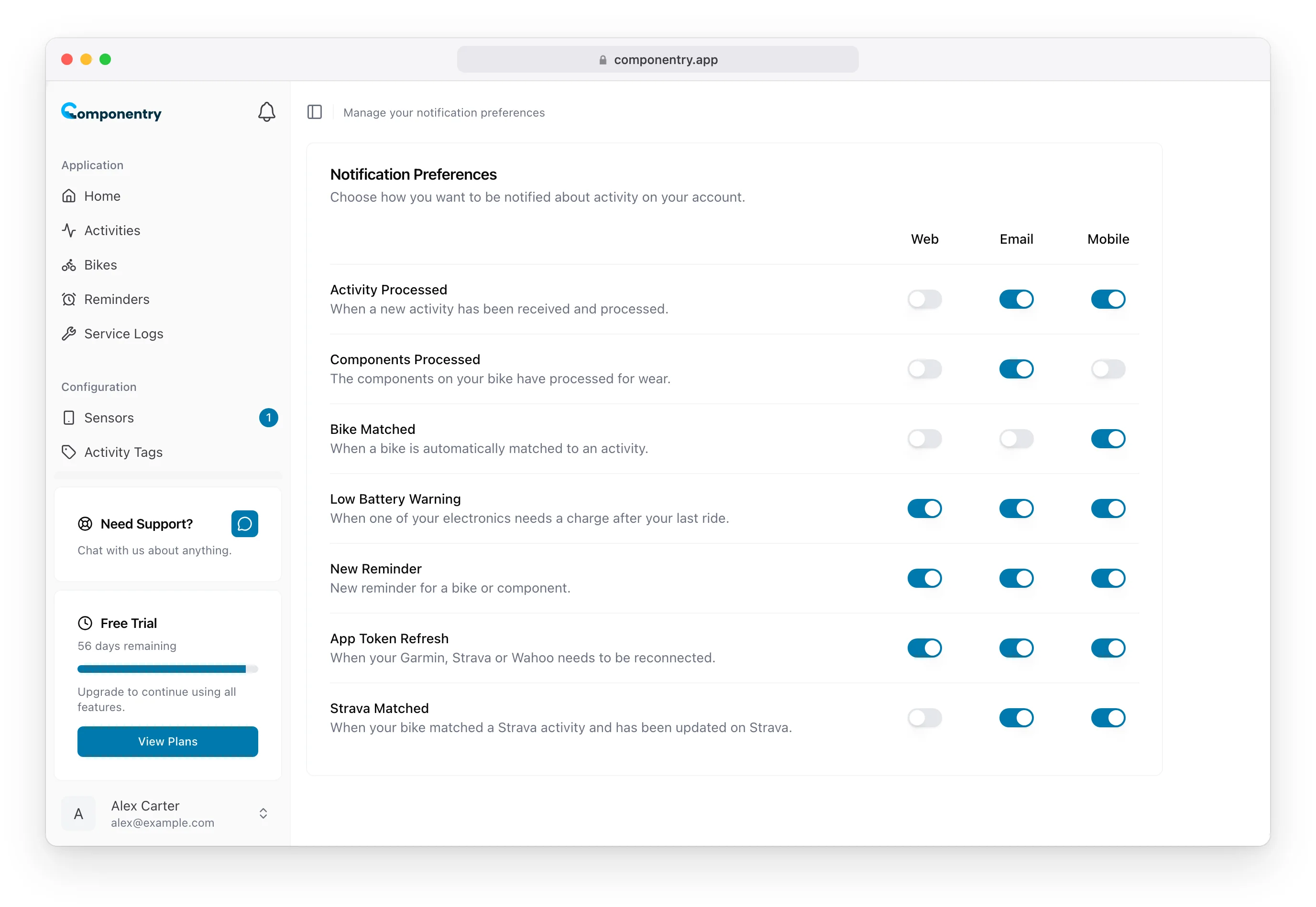 The Notification Preferences card with Web, Email and Mobile switches for all seven notification types