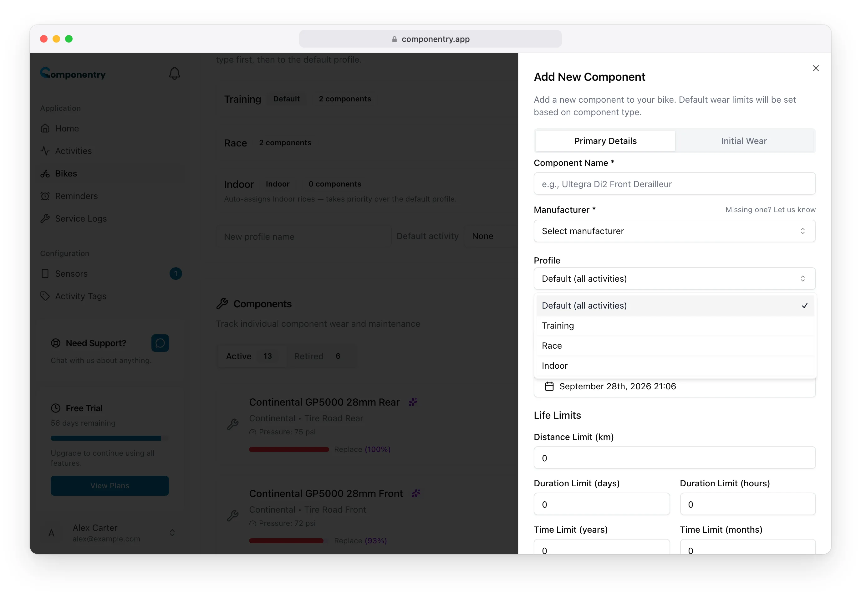 Add New Component sheet with the Profile list open: Default (all activities), Training, Race and Indoor