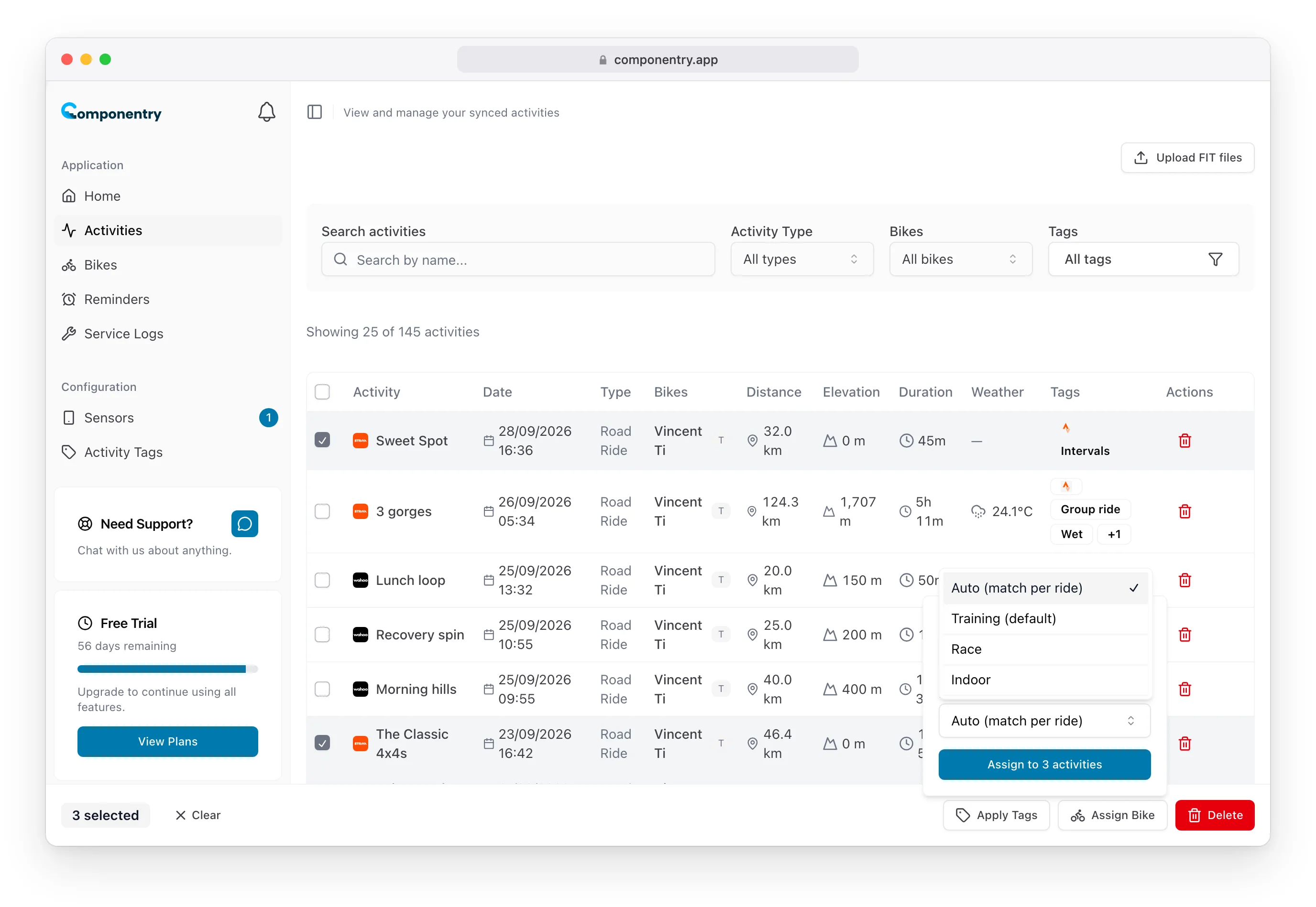 Three rides selected with Assign Bike open and the Profile list showing Auto (match per ride), Training (default), Race and Indoor