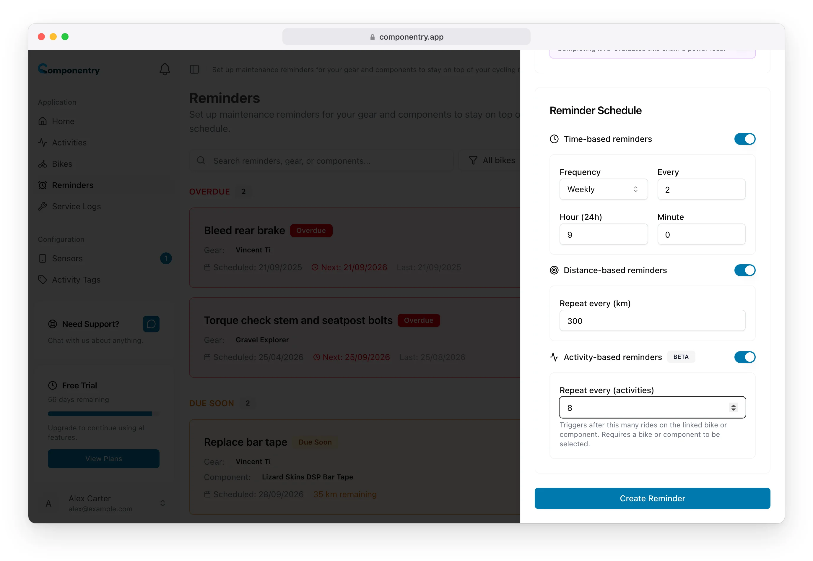 The Reminder Schedule section with time-based, distance-based and activity-based rules all switched on
