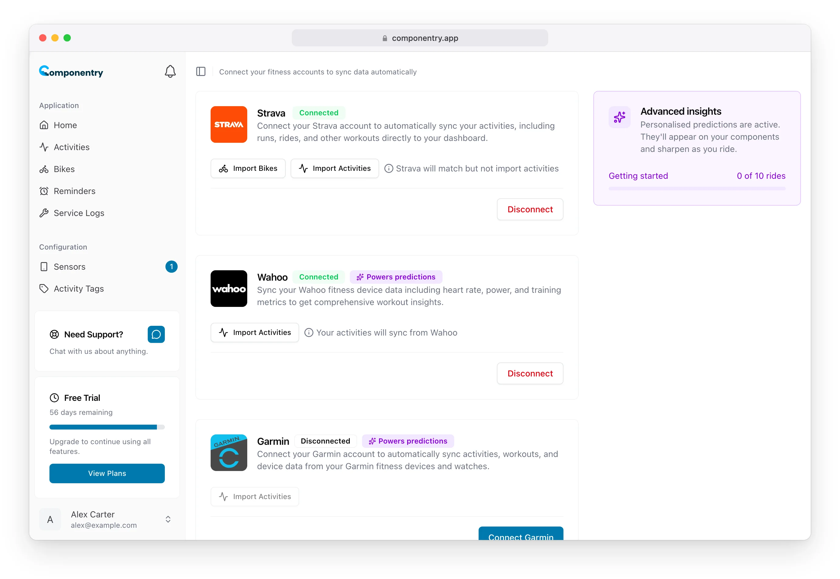 Apps page showing Strava and Wahoo connected