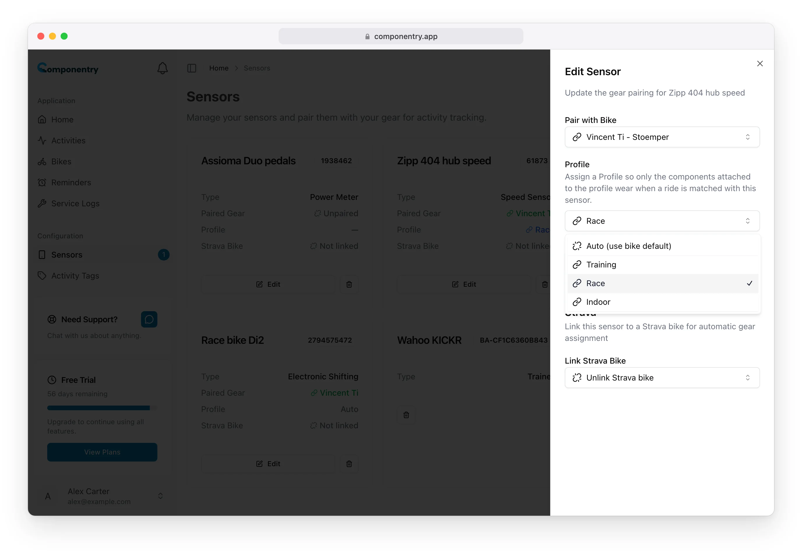 Edit Sensor sheet with Vincent Ti chosen under Pair with Bike and the Profile list open, showing Auto (use bike default), Training, Race and Indoor