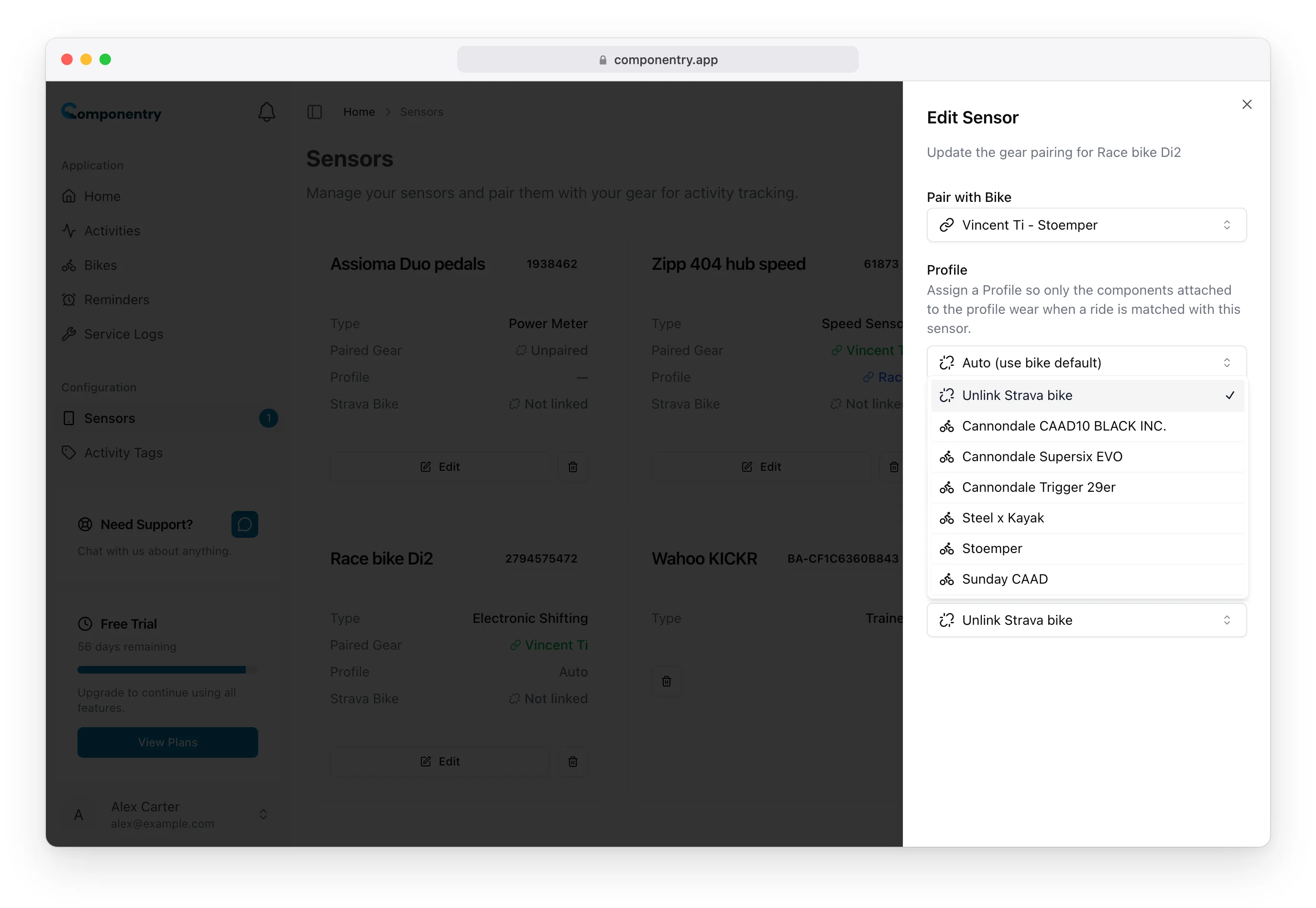 Edit Sensor sheet for Race bike Di2 with the Link Strava Bike list open, showing the rider's Strava bikes