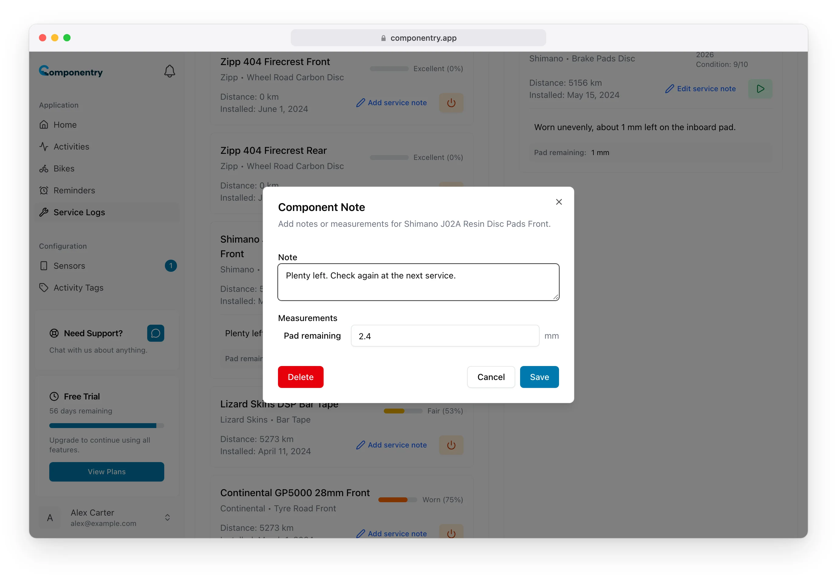 Component Note dialog for the front brake pads with a note and 2.4 mm of pad remaining