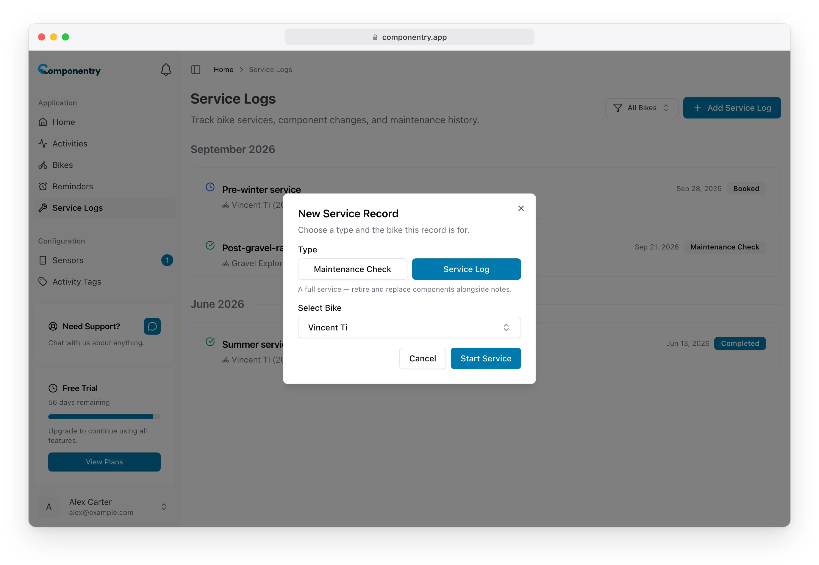 New Service Record dialog with Service Log selected and Vincent Ti chosen as the bike