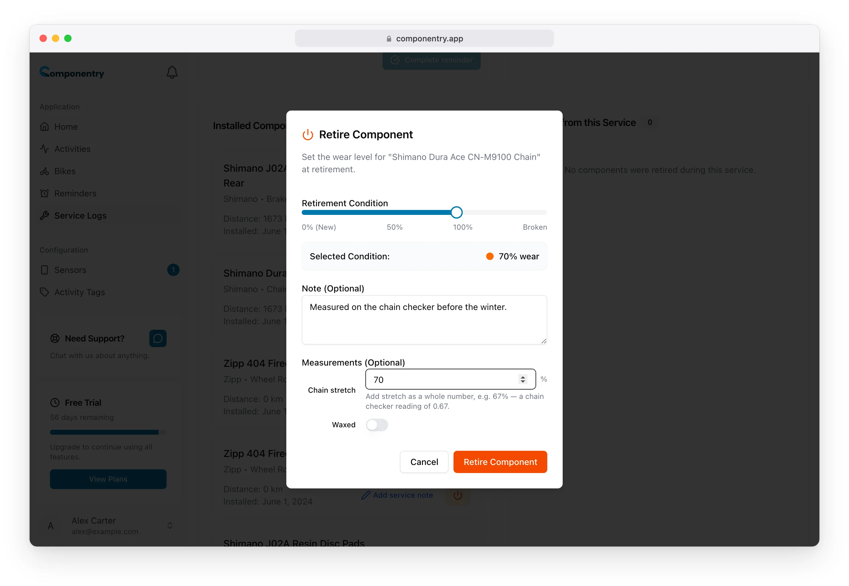 Retire Component dialog for a chain with the condition at 70% wear, a note and a chain stretch reading of 70