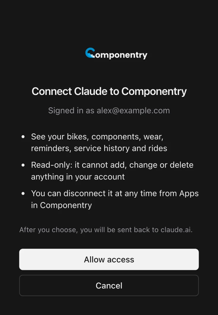La schermata di approvazione di Componentry che chiede se collegare un assistente, con i pulsanti Consenti accesso e Annulla.