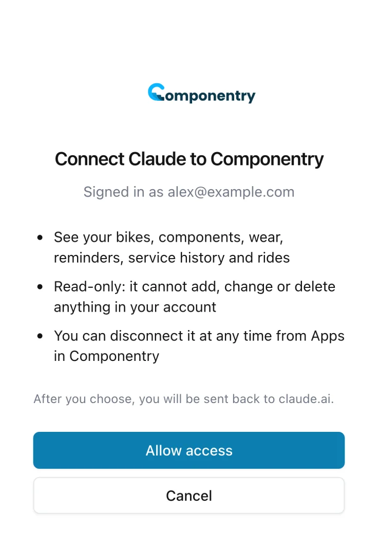 La schermata di approvazione di Componentry che chiede se collegare un assistente, con i pulsanti Consenti accesso e Annulla.