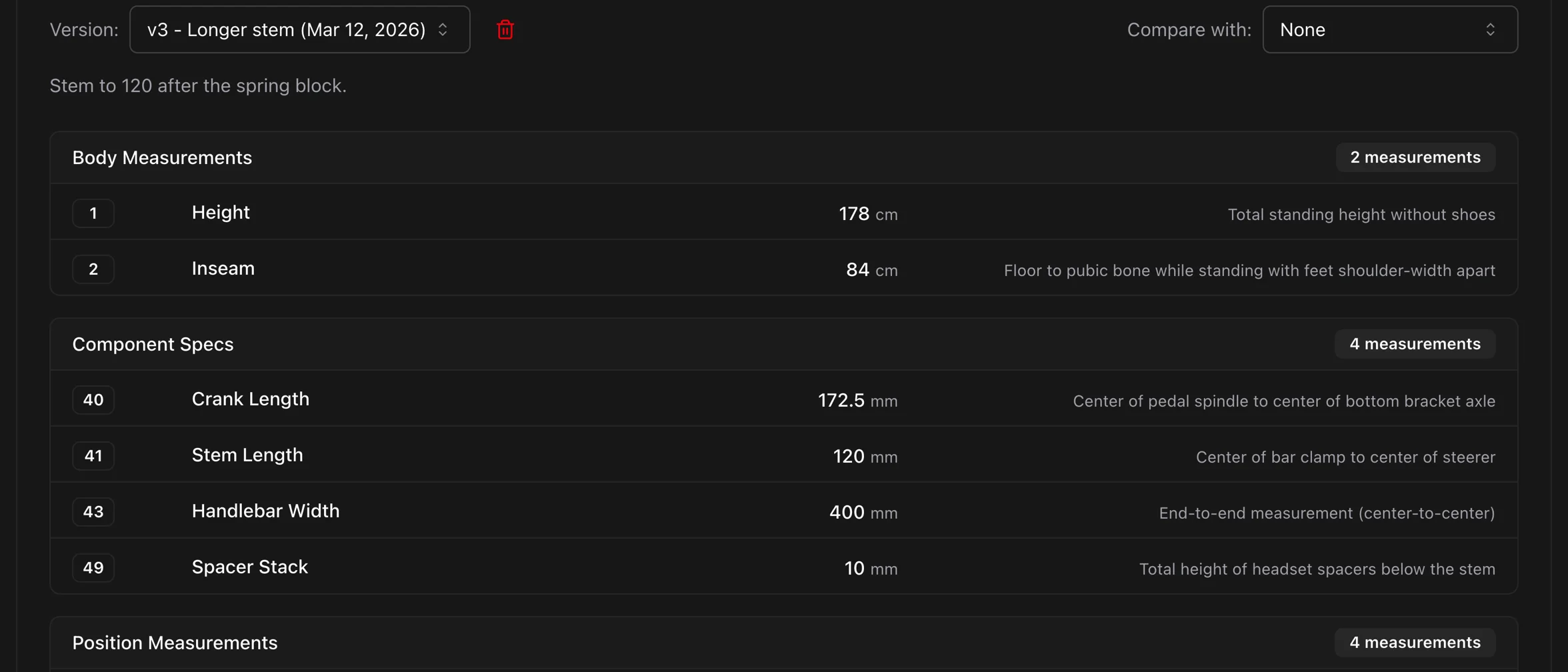 Two bike fit versions compared side by side, with the tyre pressures on the bike card.