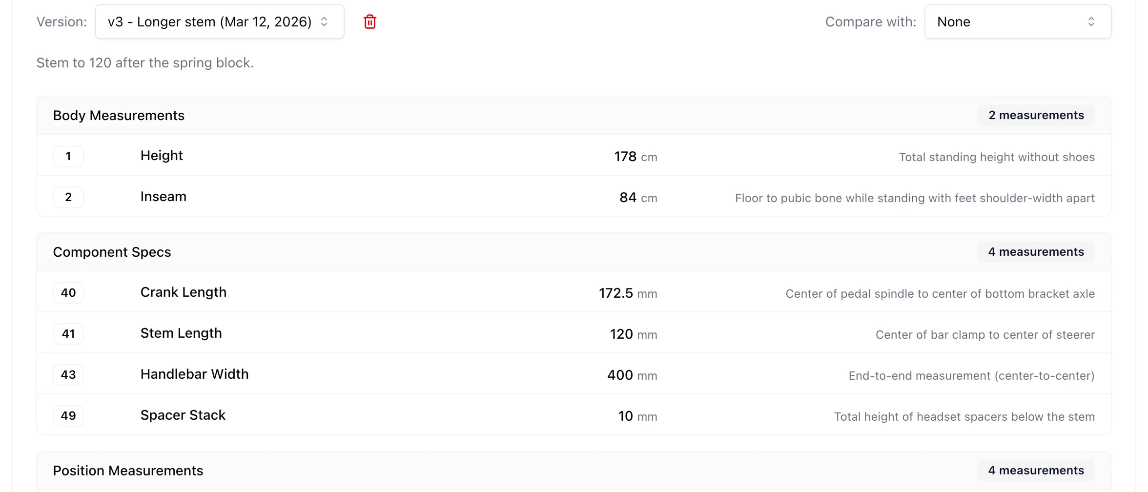 Two bike fit versions compared side by side, with the tyre pressures on the bike card.