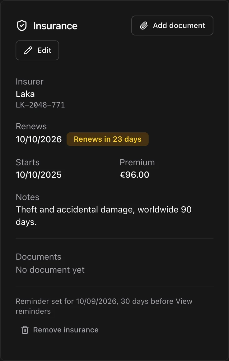 The insurance card on a bike showing the insurer, renewal date, and an amber renewal warning.