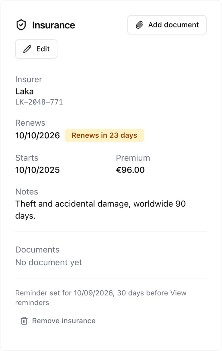 The insurance card on a bike showing the insurer, renewal date, and an amber renewal warning.