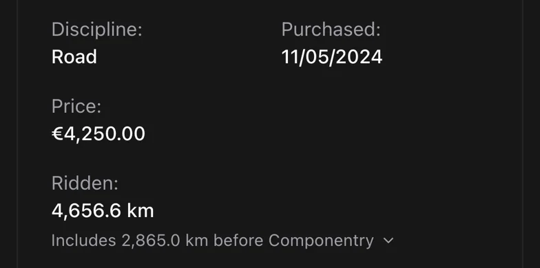 A bike's Ridden figure with the baseline and the rides in Componentry added up.