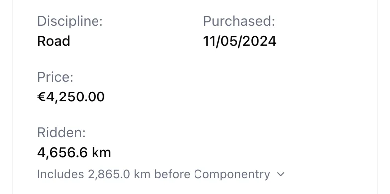 A bike's Ridden figure with the baseline and the rides in Componentry added up.