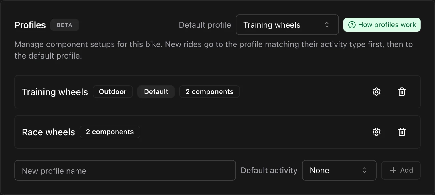A bike's profiles: race wheels pinned to one power meter and training wheels to another.