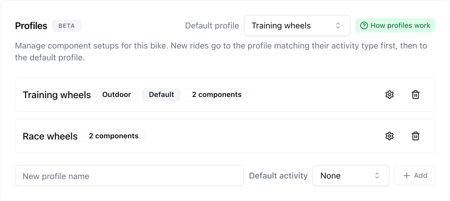 A bike's profiles: race wheels pinned to one power meter and training wheels to another.