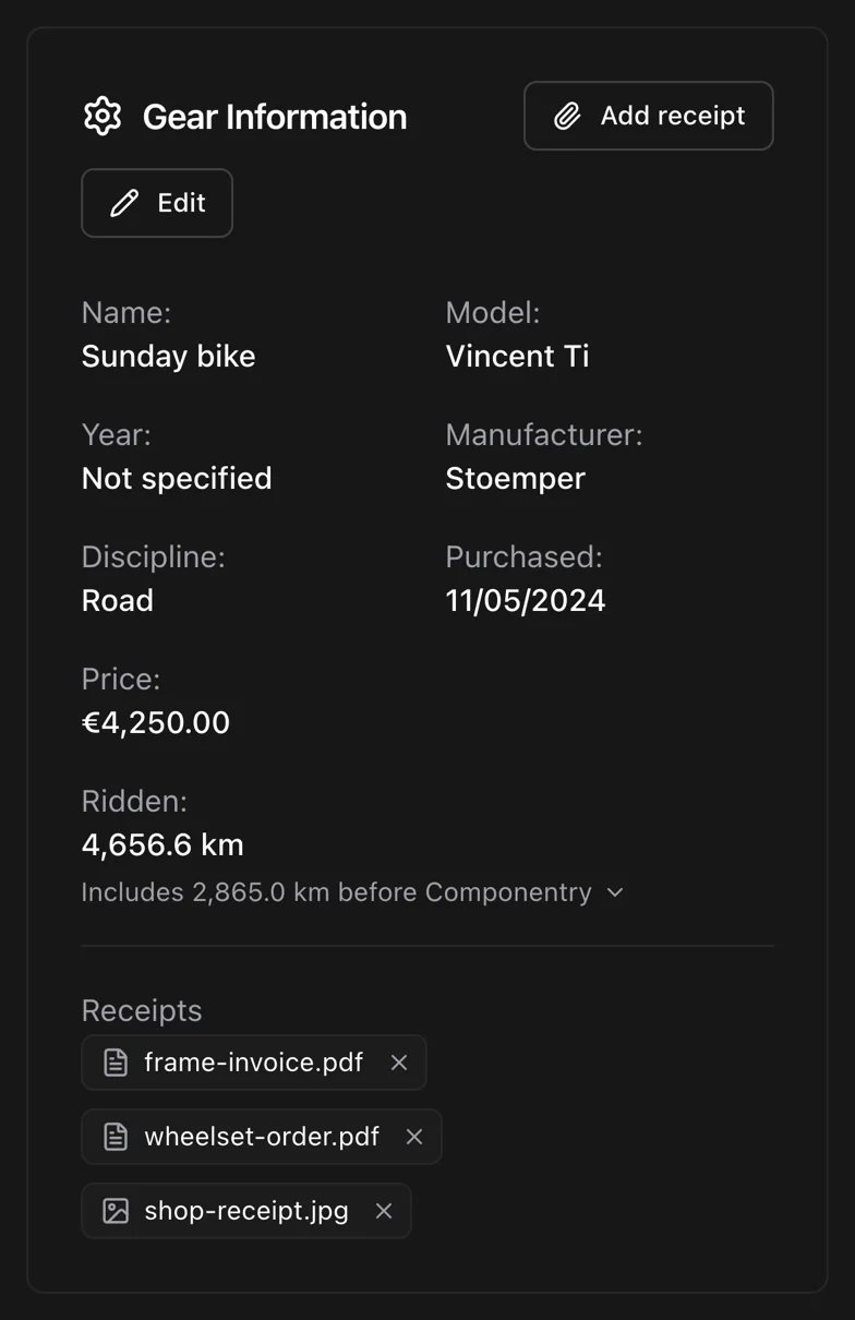 The purchase card on a bike with the date, price, and three attached receipts.