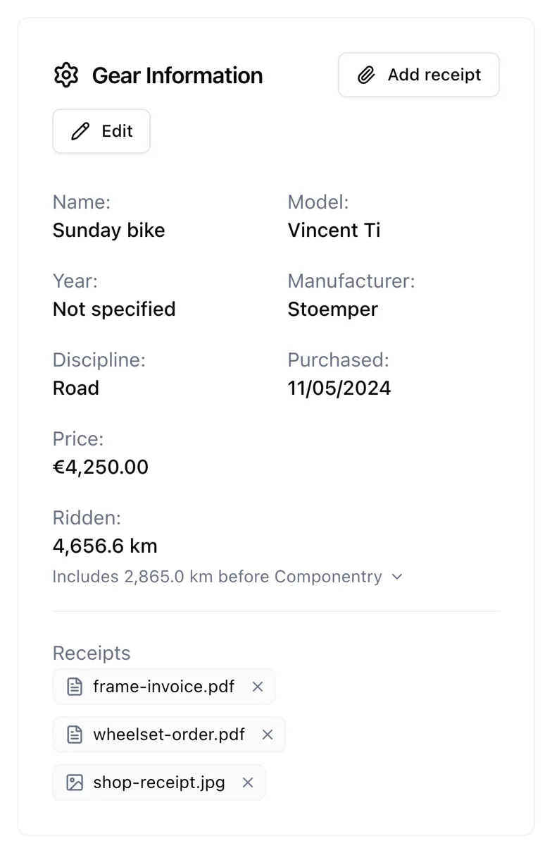 The purchase card on a bike with the date, price, and three attached receipts.