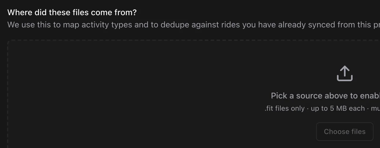 The bulk .FIT upload dropzone with files being processed and duplicates skipped.