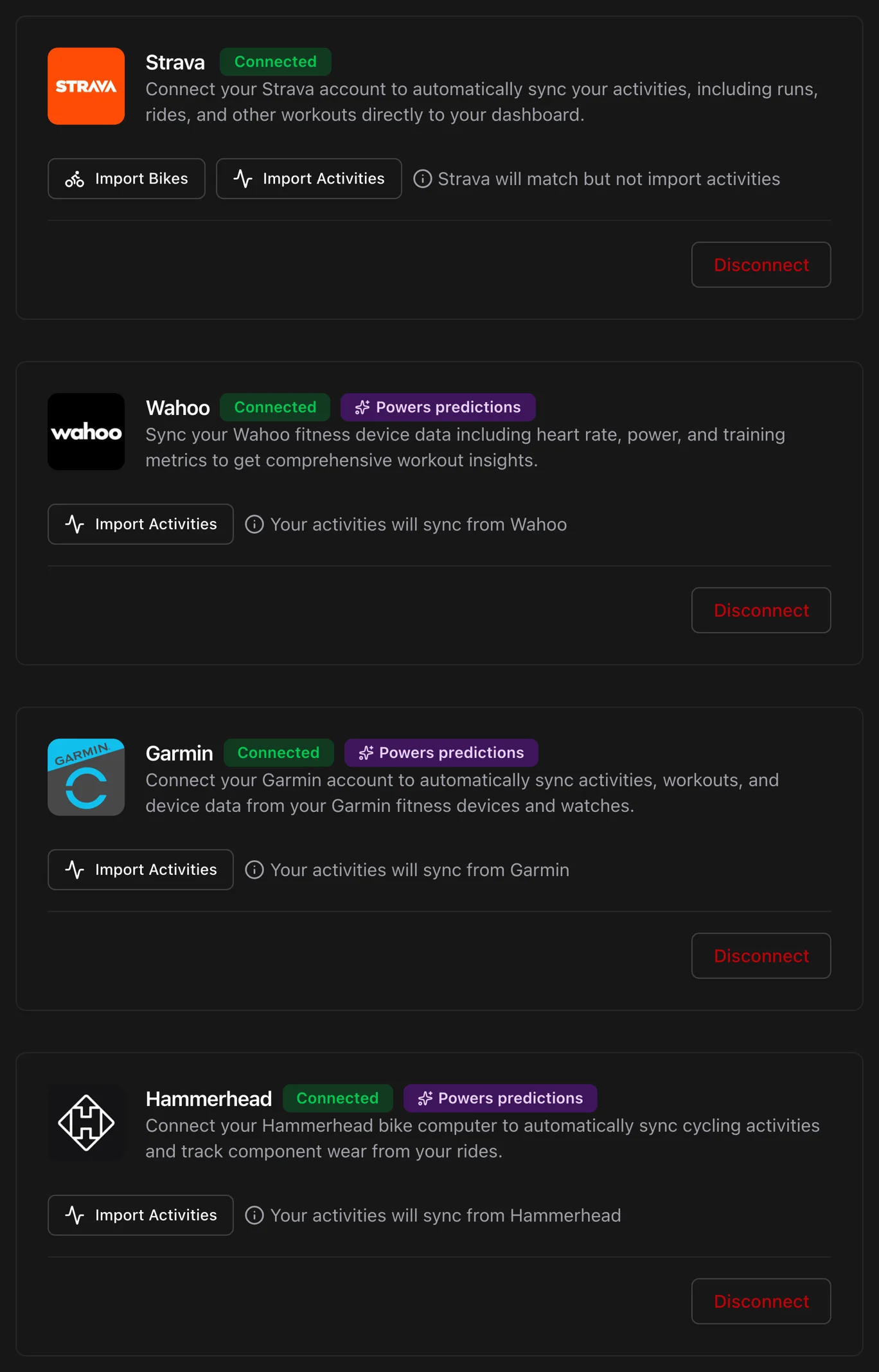 The connected apps page showing Strava, Garmin, Wahoo, and Hammerhead linked.