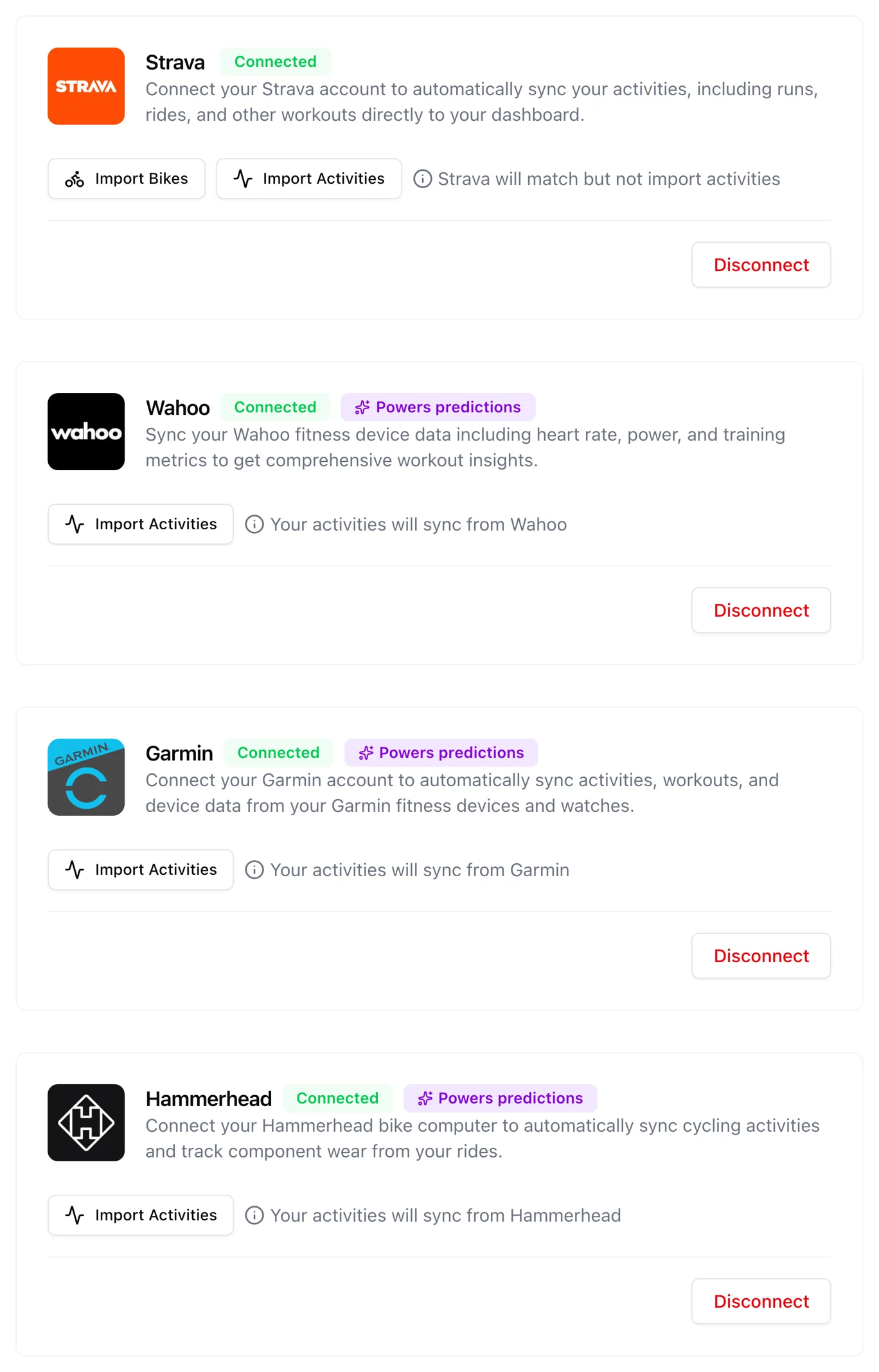 The connected apps page showing Strava, Garmin, Wahoo, and Hammerhead linked.
