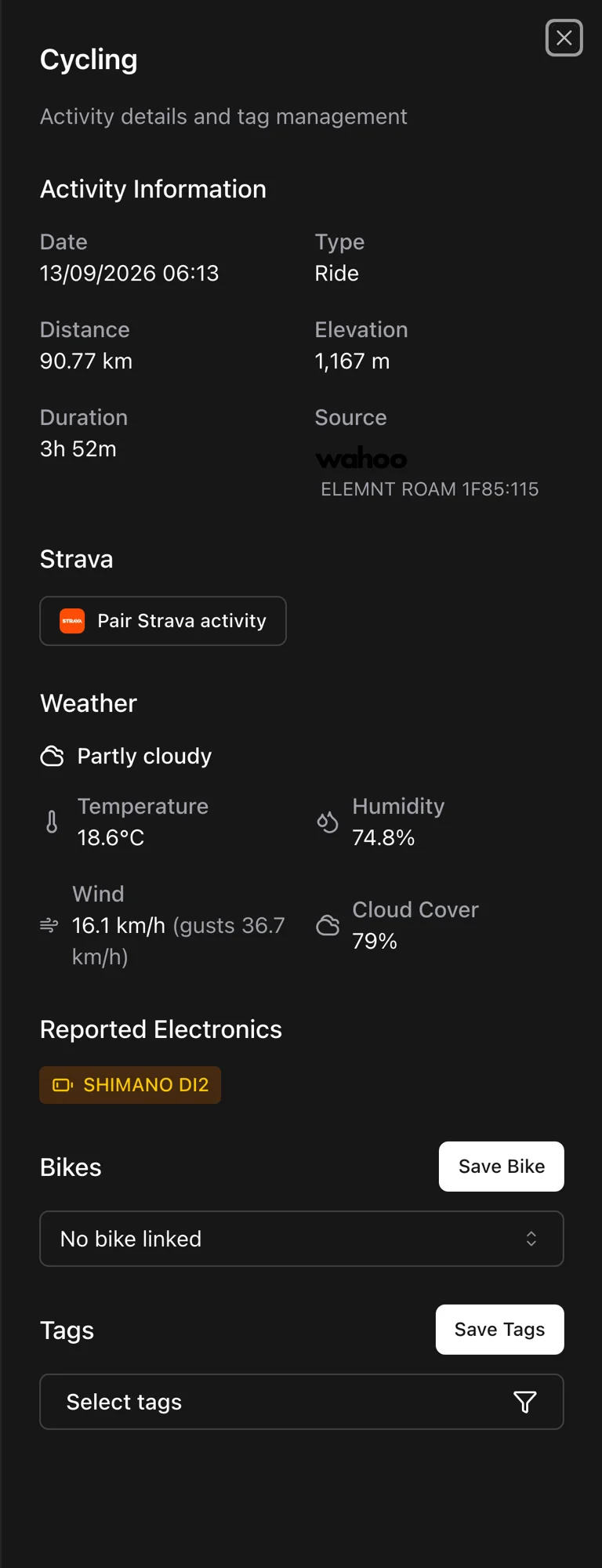 An activity showing its Strava pairing with the route map and weather.