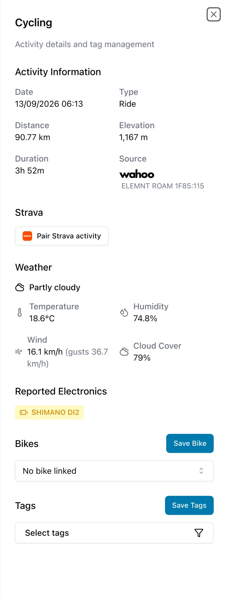 An activity showing its Strava pairing with the route map and weather.
